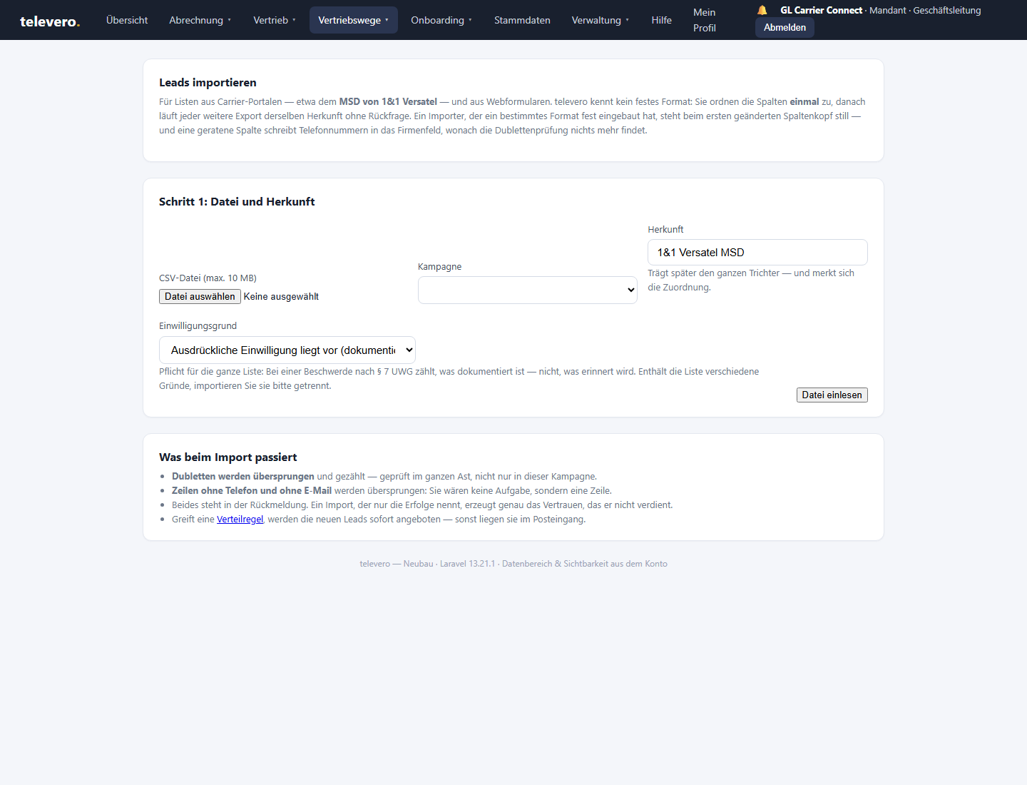 televero: Lead-Import ohne festes Format — Sie ordnen die Spalten einmal zu